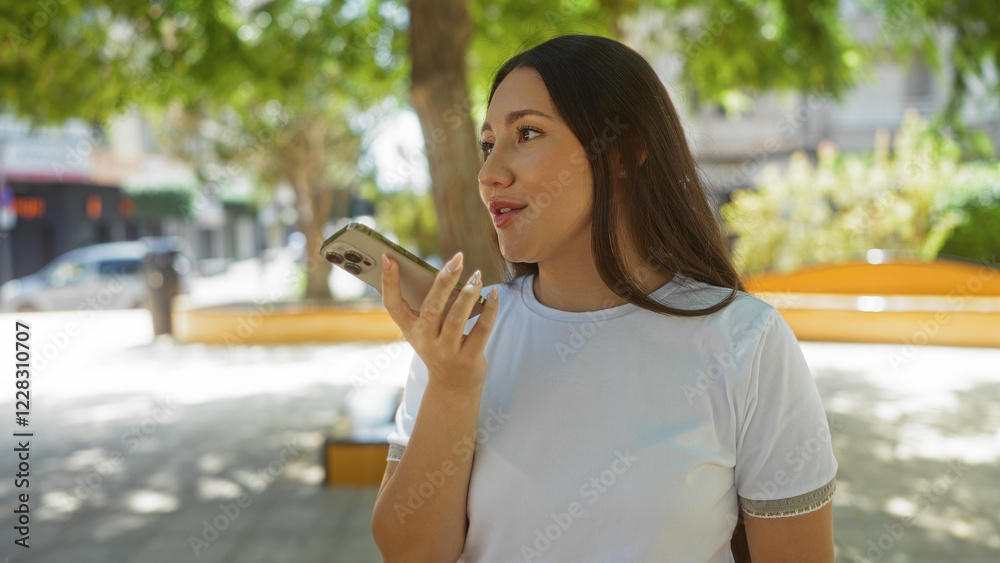 Young brunette woman talking on phone in urban park outdoors during daylight Young brunette woman talking on phone in urban park outdoors during daylight