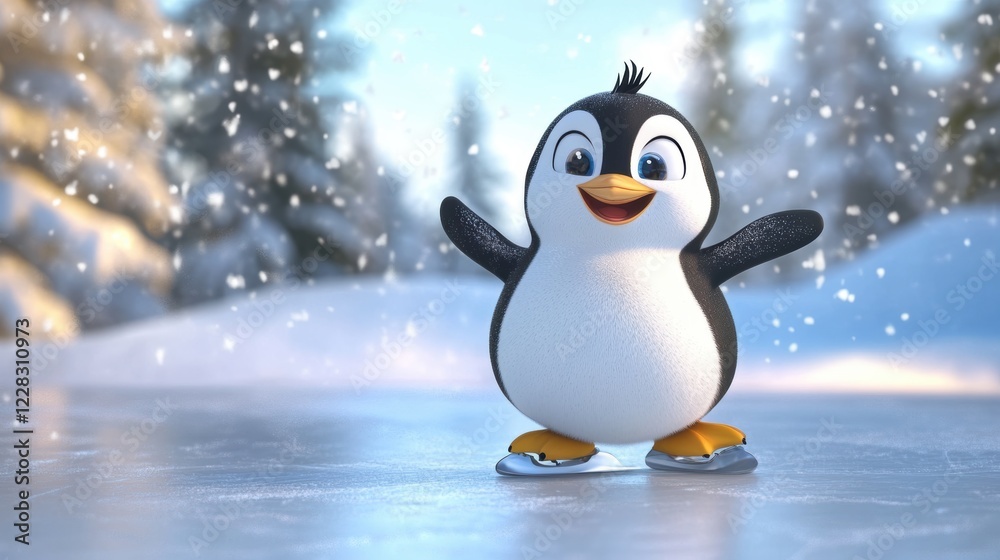 Obraz premium Cute penguin ice skate cartoon style