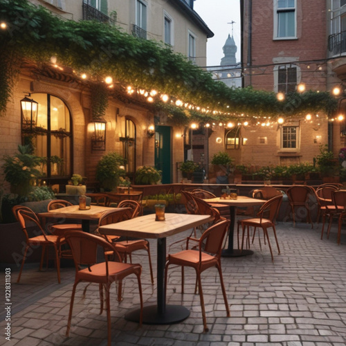A charming café terrace with empty chairs and tables, adorned with potted plants and fairy lights.