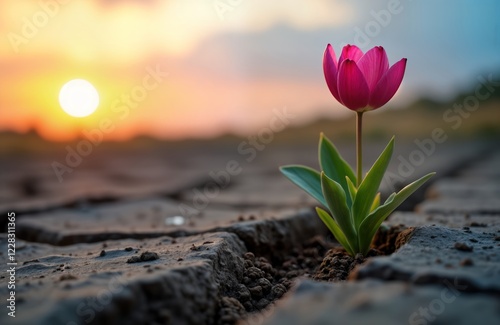 Resilient pink tulip blooms in cracked ground. Sunrise bathes scene. Life breaks through adversity. Plant thrives in urban environment. Nature strength, beauty. Growth through struggle. Beauty photo