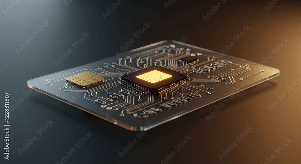 Futuristic chip technology with circuitboard and integrated microprocessor on dark background