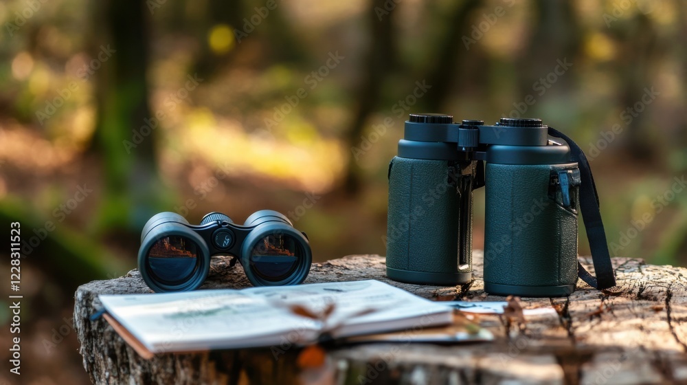 Obraz premium Scene of a tranquil birdwatching setup in a forest. Featuring binoculars, a field guide, and a notepad. Highlighting the patience and observation in birdwatching. Ideal for nature and hobby imagery.