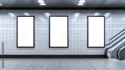 Three blank posters on a subway wall, white tiles, three vertical frames, an escalator around the frame, a subway station background