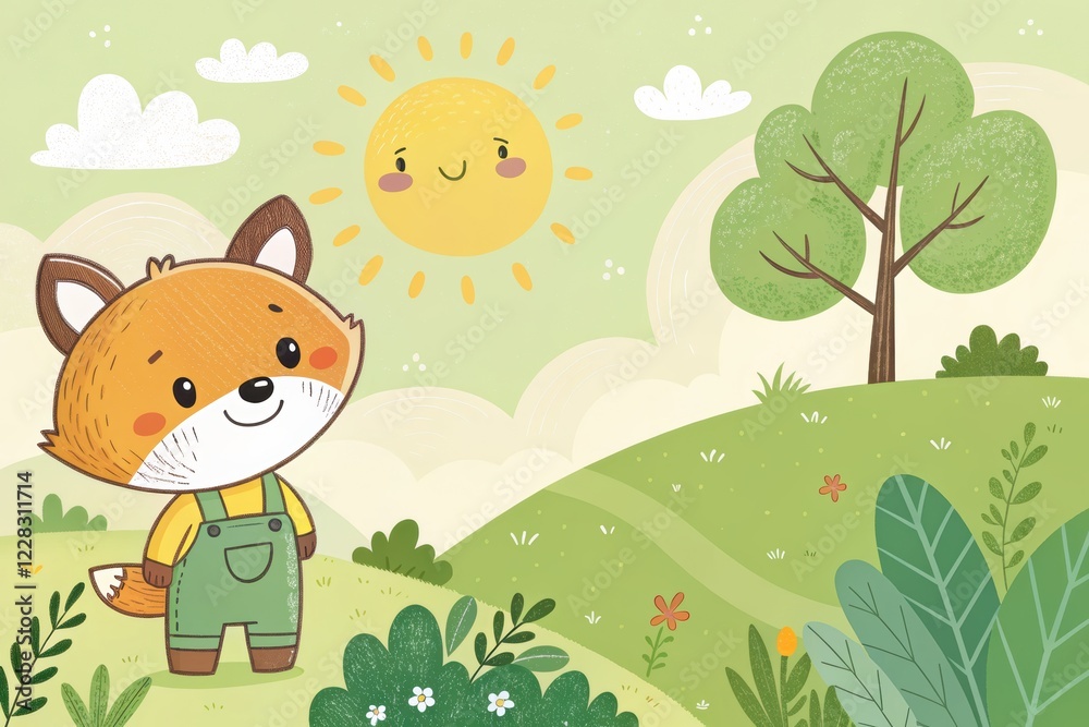 Cute cartoon fox in green overalls enjoys a sunny day in a whimsical forest landscape Cute cartoon fox in green overalls enjoys a sunny day in a whimsical forest landscape