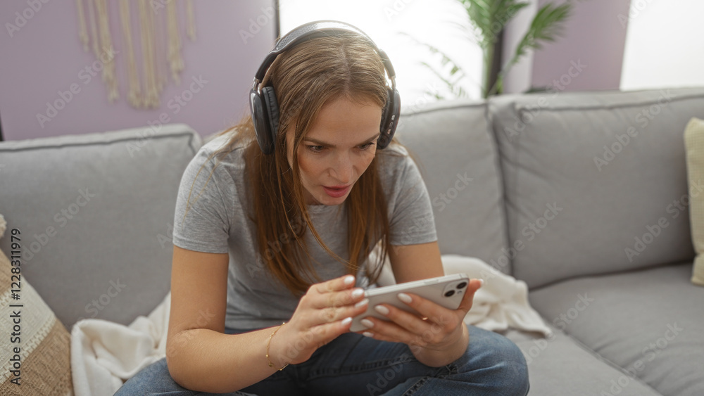 Woman with headphones focused on smartphone in cozy living room, wearing casual attire, seated on modern couch, surrounded by soft pillows and indoor plants. Woman with headphones focused on smartphone in cozy living room, wearing casual attire, seated on modern couch, surrounded by soft pillows and indoor plants.