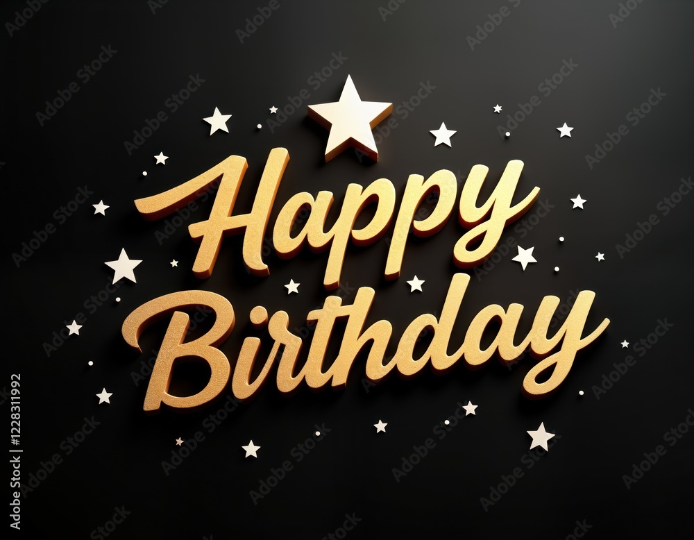 Fototapeta premium Luxury birthday greeting card. Gold calligraphy script lettering says Happy Birthday. White stars on black background. Premium design. Ideal for birthday invites cards. Elegant, decorative. Perfect