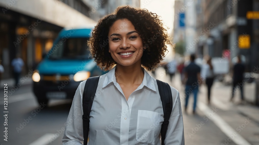 Fototapeta premium female electrical engineer on busy urban street background
