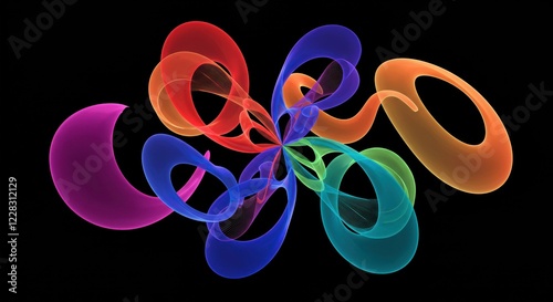 Abstract Rings: a vibrant display of intertwined, multicolored rings dancing against a dark canvas, symbolizing connections, flow, and the infinite possibilities of imagination