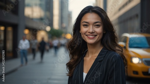 female data analyst on busy urban street background
