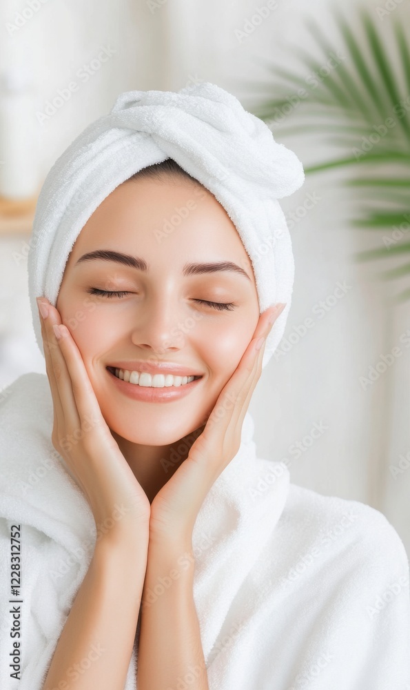 Relaxed Young Woman Enjoying Skincare Routine with Towel on Head and Soft Smile in Bright Wellness Environment Relaxed Young Woman Enjoying Skincare Routine with Towel on Head and Soft Smile in Bright Wellness Environment