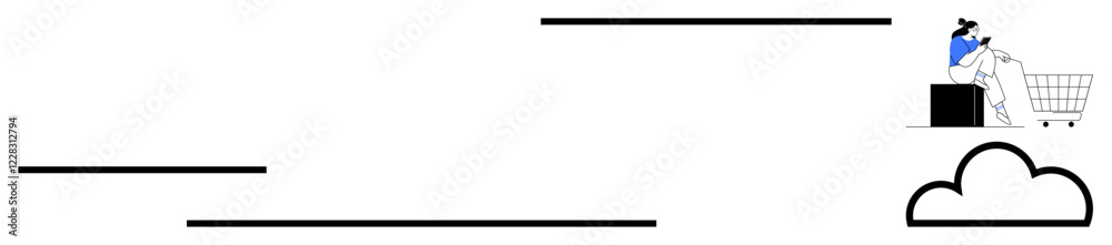 Businessman pushing a shopping cart with a computer towards a cloud icon. Ideal for technology, digital transformation, cloud computing, data migration, online shopping, business growth, futuristic