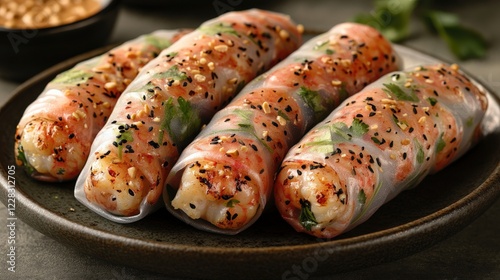 Authentic Vietnamese Spring Rolls with Shrimp and Vegetables Served on Plate with Dipping Sauce - Fresh Recipe Basil Mint Stroke What Makes Delicious