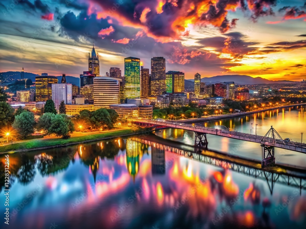 Fototapeta premium Portland Oregon Skyline Night Photography - Stunning Cityscape and Dramatic Sky