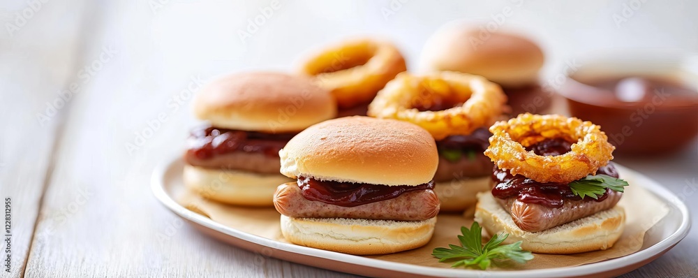 Hot dog sausage sliders served with crispy onion rings and barbecue sauce Hot dog sausage sliders served with crispy onion rings and barbecue sauce