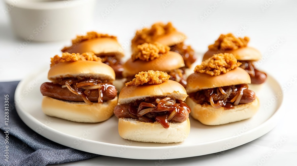 Hot dog sausage sliders with crispy fried onions and a tangy barbecue glaze Hot dog sausage sliders with crispy fried onions and a tangy barbecue glaze