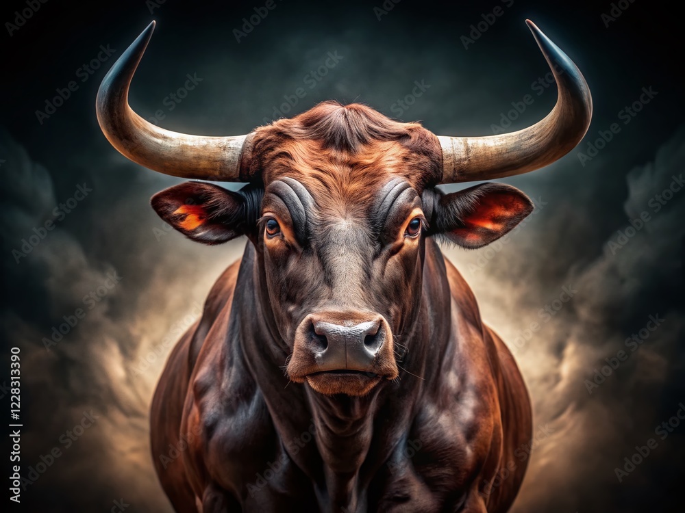 Naklejka premium Powerful Dark Brown Bull with Long Horns - Majestic Farm Animal Portrait