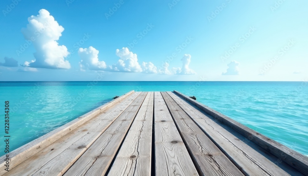 Fototapeta premium Gray weathered wood pier deck extends over calm blue sea, sunny sky , blue, summer