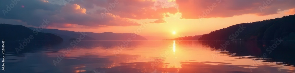 Fototapeta premium Softly glowing sunset on a serene lake surface, clouds, glow, water