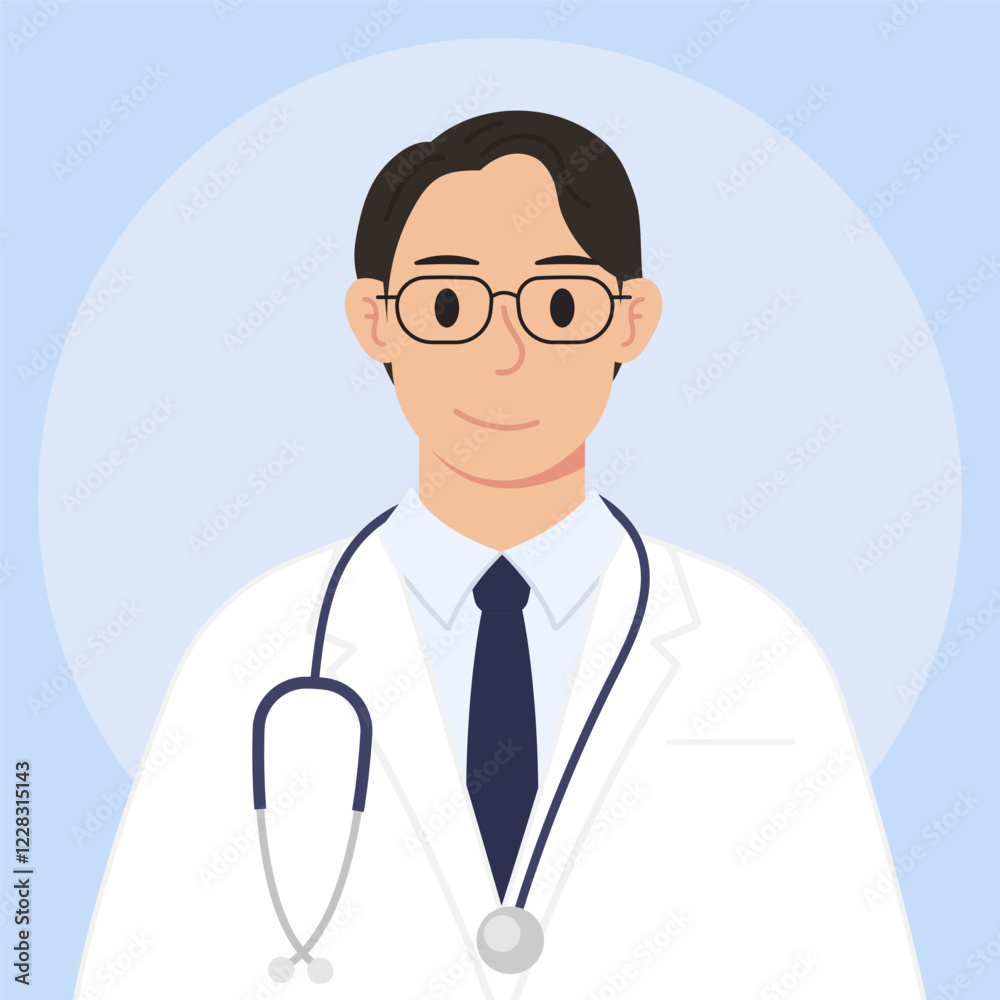 Doctor in white coat, with glasses and stethoscope. Young doctor - vector illustration. Doctor in white coat, with glasses and stethoscope. Young doctor - vector illustration.