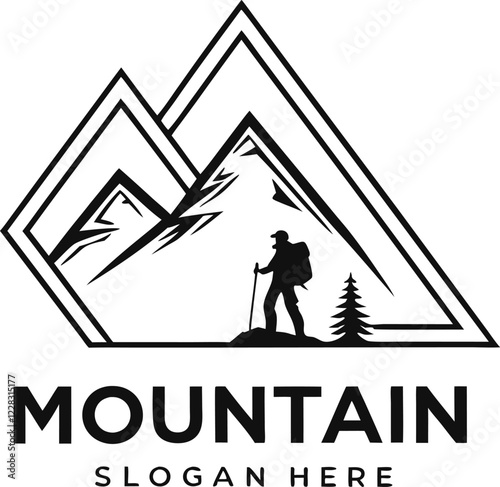 Mountain Logo with Hiker Silhouette, Tree, and Triangle Frame