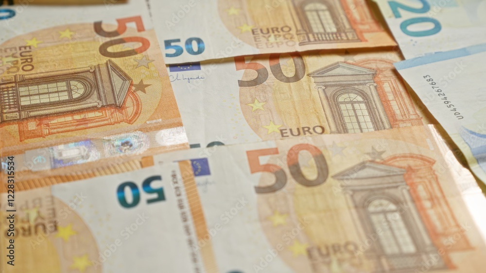 Closeup image showing 50 euro banknotes scattered over each other providing a detailed view of european union currency Closeup image showing 50 euro banknotes scattered over each other providing a detailed view of european union currency