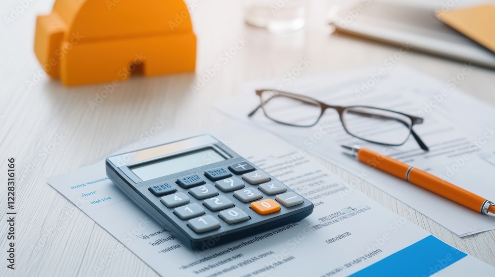 Office Desk with Calculator, Glasses, and Papers for Financial Planning and Business Management Tasks Office Desk with Calculator, Glasses, and Papers for Financial Planning and Business Management Tasks