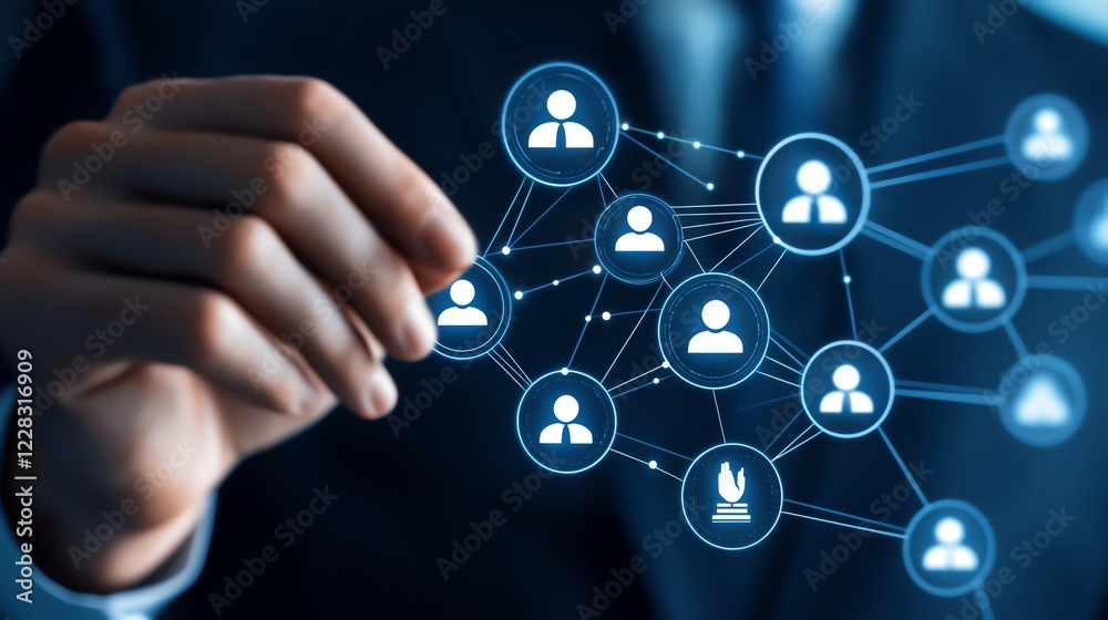 A businessman interacts with a digital network, symbolizing connections, collaboration, and modern communication in a corporate environment. Ideal for tech and business themes. A businessman interacts with a digital network, symbolizing connections, collaboration, and modern communication in a corporate environment. Ideal for tech and business themes.