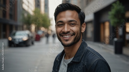 male data analyst on busy urban street background