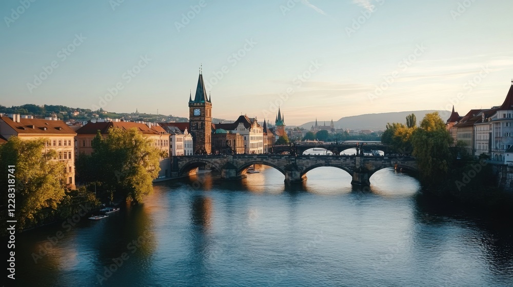 Naklejka premium Scenic river view featuring historic architecture and a charming bridge in a picturesque European town