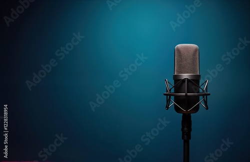 Professional condenser microphone sits on dark teal background. Studio equipment ready for recording. Great for podcasting. Audio recording, broadcasting technology. Versatile for interviews, shows