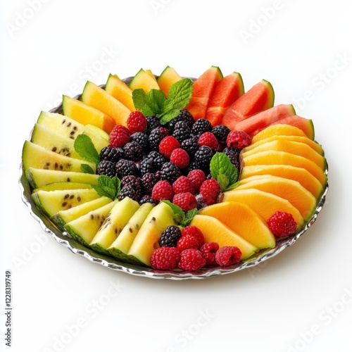 A vibrant tropical fruit platter with assorted berries and melons, isolated white background, abstract art style