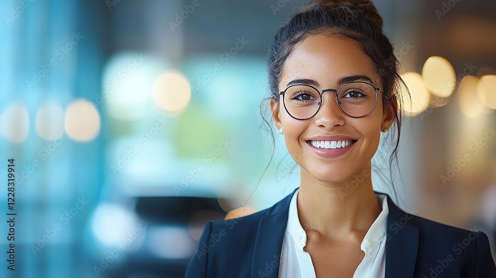 A confident young woman smiling in a professional setting, wearing glasses and a suit. The background features soft lighting, creating a warm and inviting atmosphere for business. A confident young woman smiling in a professional setting, wearing glasses and a suit. The background features soft lighting, creating a warm and inviting atmosphere for business.