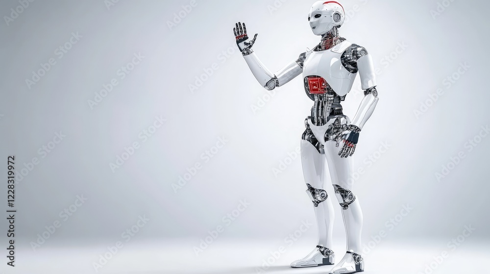 Fototapeta premium Futuristic humanoid robot waving hand in a bright and minimalistic environment showing advanced technology design