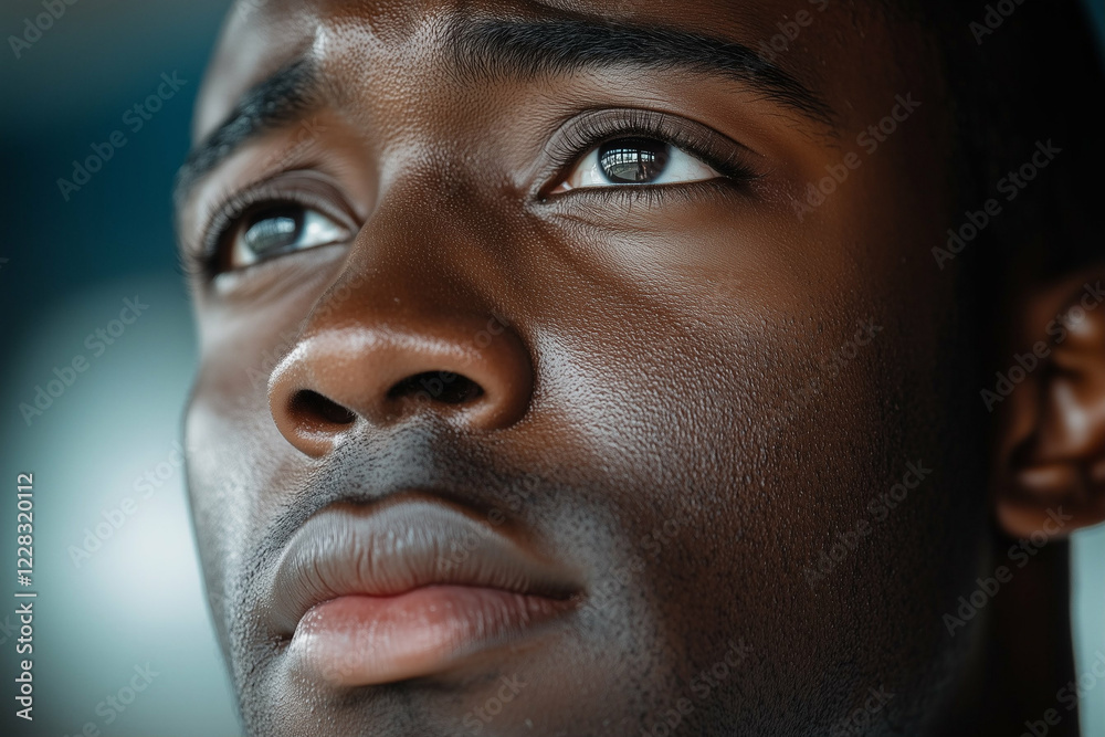 Close up of a black man's face with thoughtful expression and contemplative gaze. The man is looking up with a serious expression Close up of a black man's face with thoughtful expression and contemplative gaze. The man is looking up with a serious expression