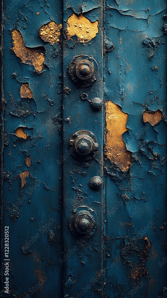 Fototapeta premium Blue cracked paint on a door, with metal rivets, texture for aged, rustic use