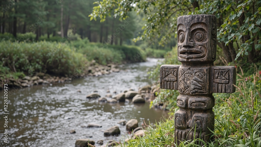 Fototapeta premium Intricate totem pole with fish motifs by serene stream