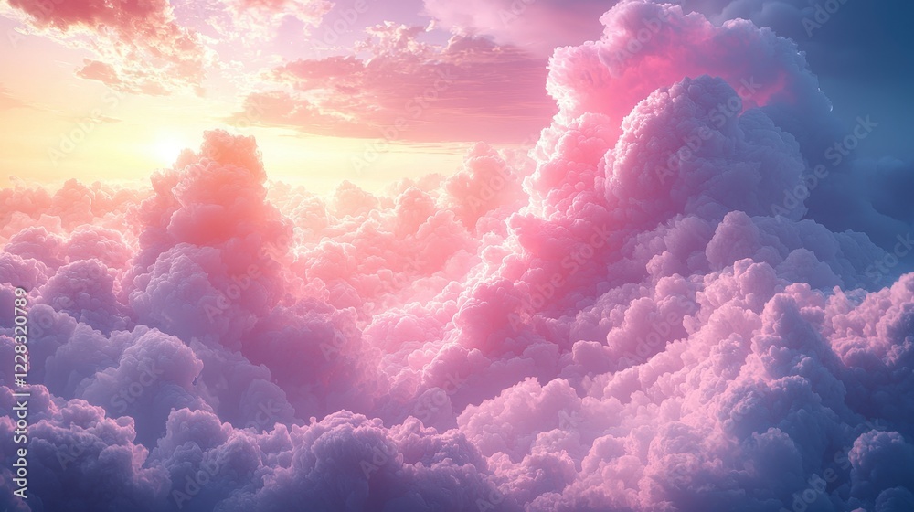 Naklejka premium Ethereal clouds illuminated by soft pastel colors at sunrise.