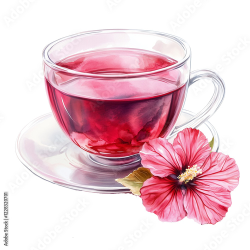 Isolated on white background images of a vibrant pink hibiscus tea in a glass teacup with loose hibiscus petals scattered around, painted in a detailed watercolor style to capture the tea’s bold color