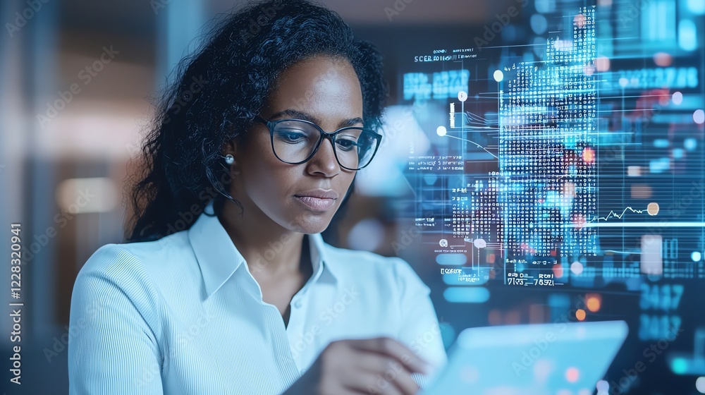 A focused professional analyzes data on a tablet, surrounded by digital graphics and information A focused professional analyzes data on a tablet, surrounded by digital graphics and information
