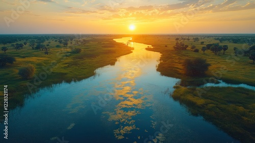 An aerial view of a river meandering through a lush green landscape at sunset