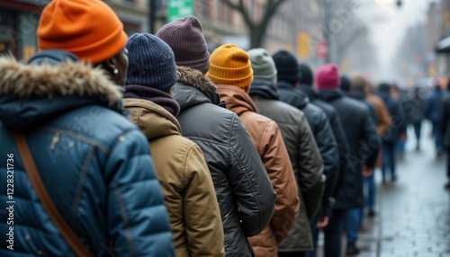 Long line of people waits in cold weather at community soup kitchen. People stand in queue for food assistance. Homeless people seek nourishment. Community response to crisis. Scene of poverty. Urban