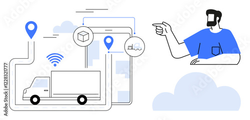 Person pointing at logistics elements including truck, GPS location pins, and cloud icons. Ideal for delivery services, digital transformation, supply chain management, fleet tracking, warehouse