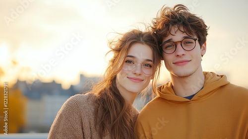 A joyful couple stands close together with warm smiles, basking in the soft light of sunset. Their expressions reflect happiness and connection in a serene urban environment. photo