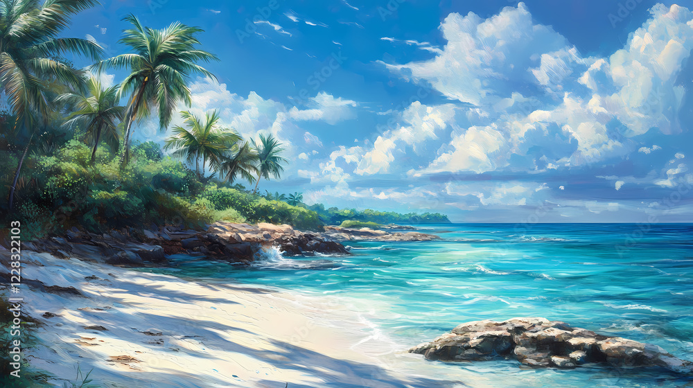 Obraz premium A stunning tropical beach scene with crystal clear turquoise waters white sandy shores and swaying palm trees creating a tranquil and idyllic paradise landscape. Sapphire Shores. Illustration