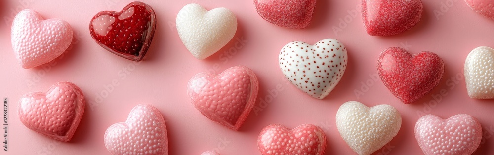 Obraz premium Border of pink and red hearts on soft pink background. Great for cards, advertisements, and social media posts.