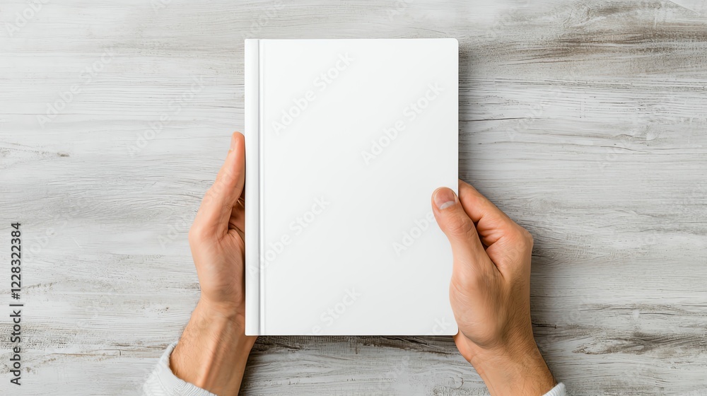 A person holds an empty notebook with a clean, white cover over a wooden table