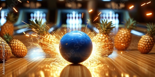 A vibrant scene of a blue bowling ball striking amidst tropical pineapples, perfect for capturing fun, leisure, and summer vibes in marketing projects.