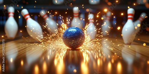 A dynamic action shot capturing a bowling ball striking pins, surrounded by sparks, perfect for sports, entertainment, or leisure-themed projects.