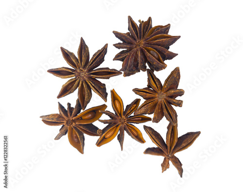 Close-up of star anise without background. A spice with star anise and a rich flavor. Badian. For cooking blogs, recipes, articles about spices and spices, and in materials related to natural ingredie