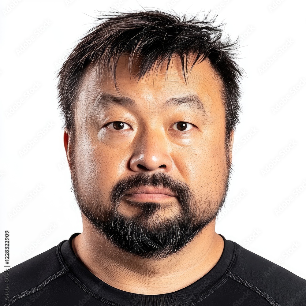 Fototapeta premium Portrait of a man with short black hair, beard, and serious expression against a white background